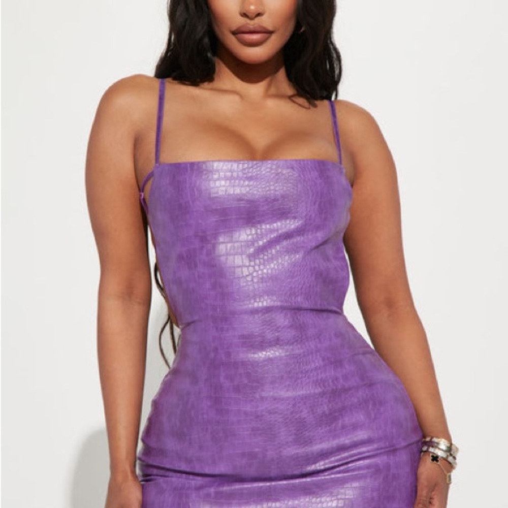 Purple Leather Open Back Mini Dress
